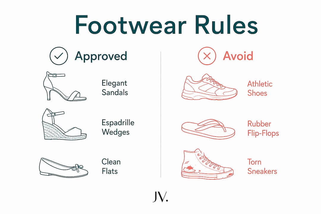 Infographic comparing approved and avoided resort casual footwear