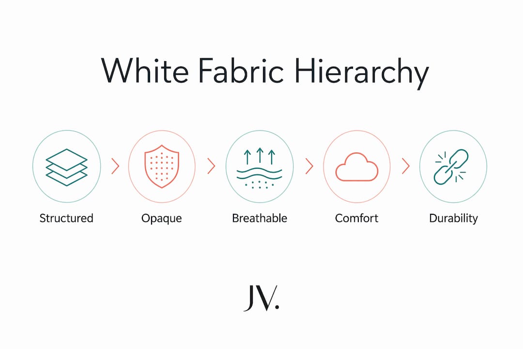 Infographic showing hierarchy of white clothing fabric qualities