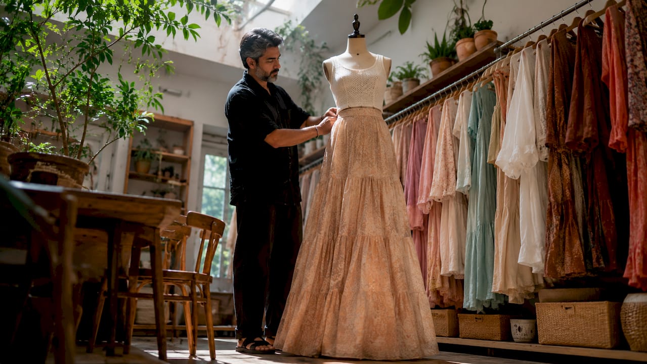 Man adjusting mannequin in vintage boutique with maxi skirt