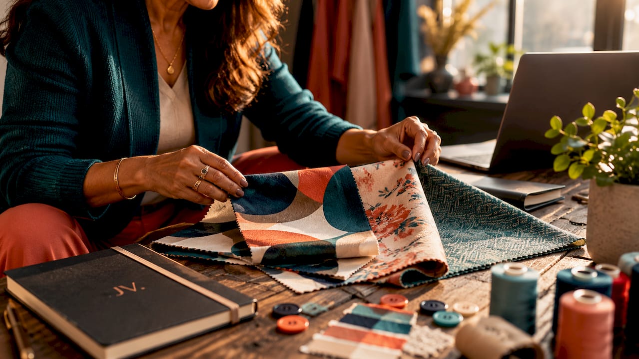 Hands holding contrasting print fabric swatches