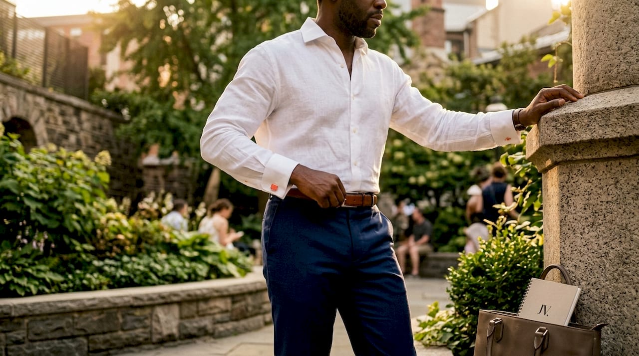 Man styling casual top with tailored trousers