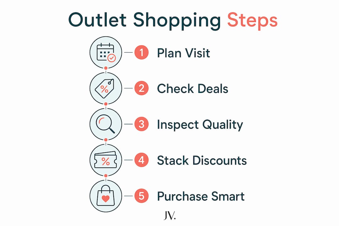 Infographic showing five key steps for outlet shopping