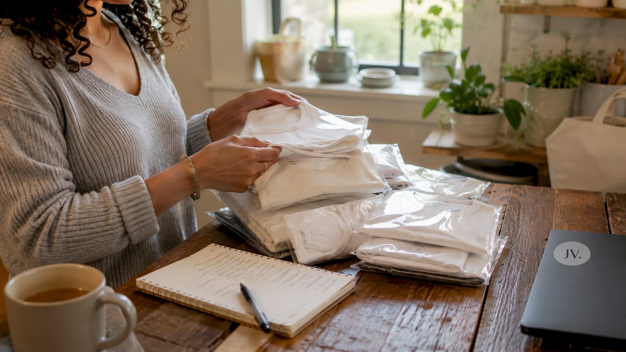 Hands sorting white T-shirt multipacks on table