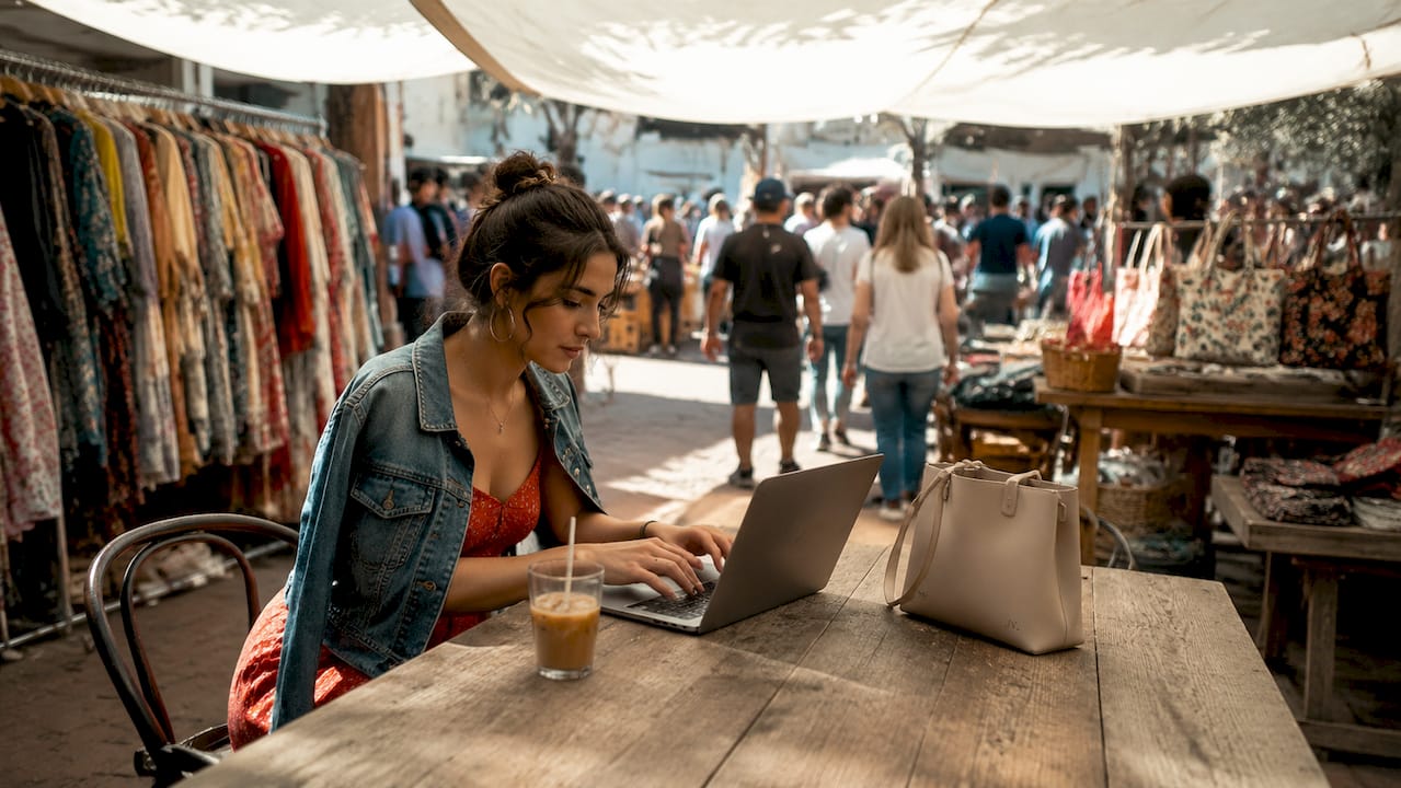Hands typing on laptop during fashion flash sale