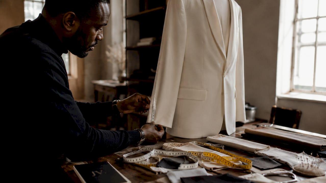 Tailor measuring sleeve on minimalist blazer