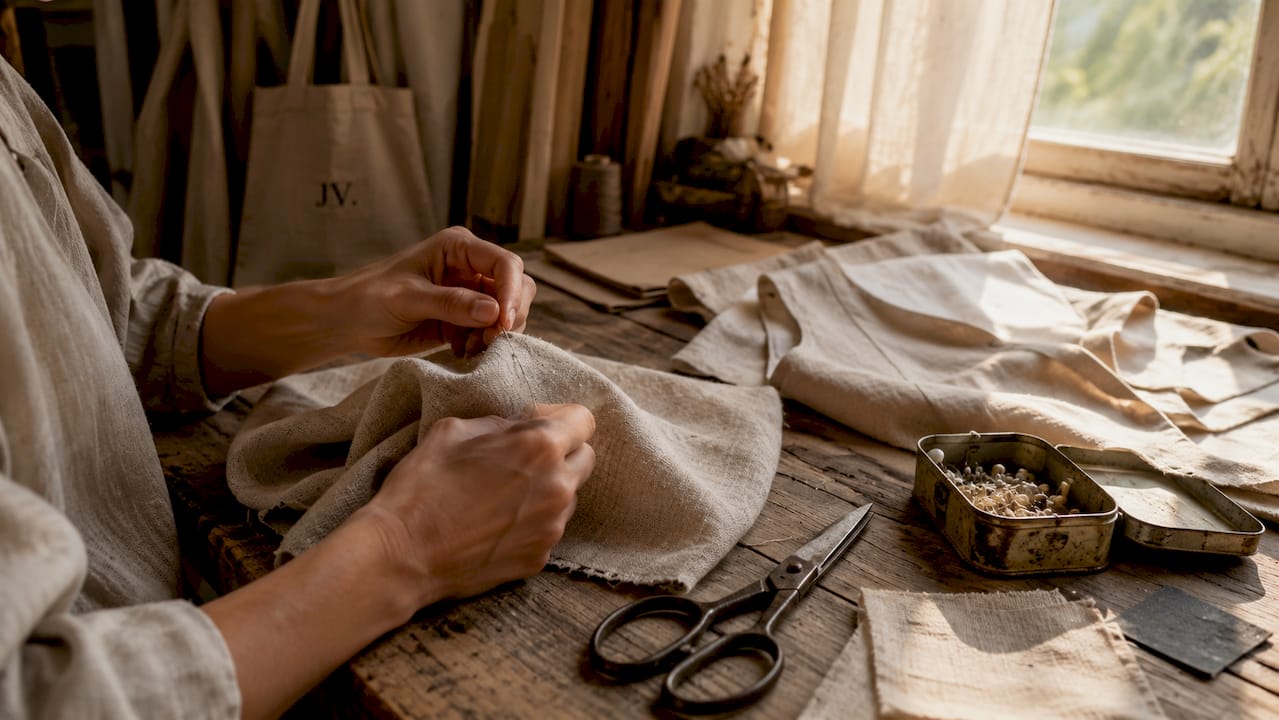 Hands sewing linen fabric on wooden table