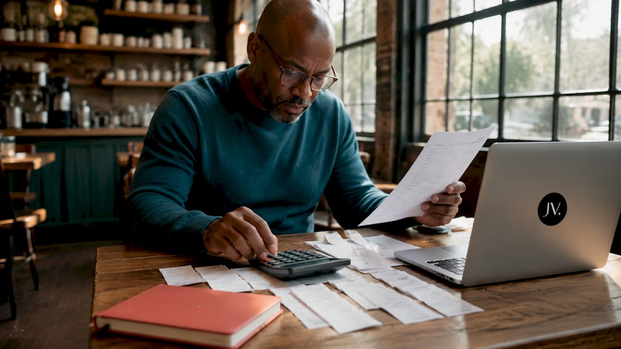 Man calculating cost per wear at home desk