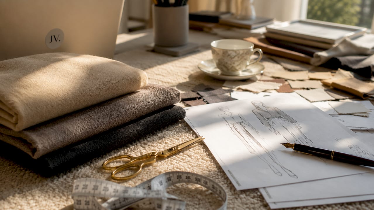 Overhead view of neutral fabrics and design sketches