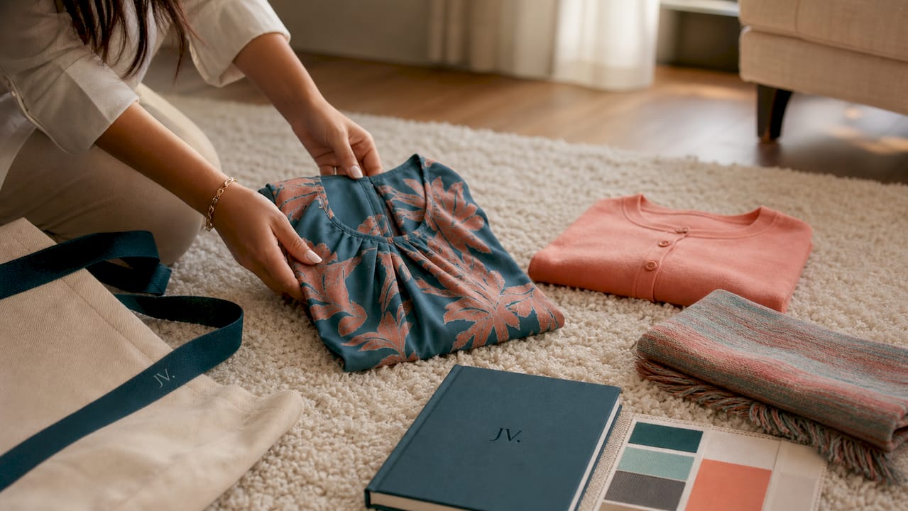 Hands sorting clothes for wardrobe audit