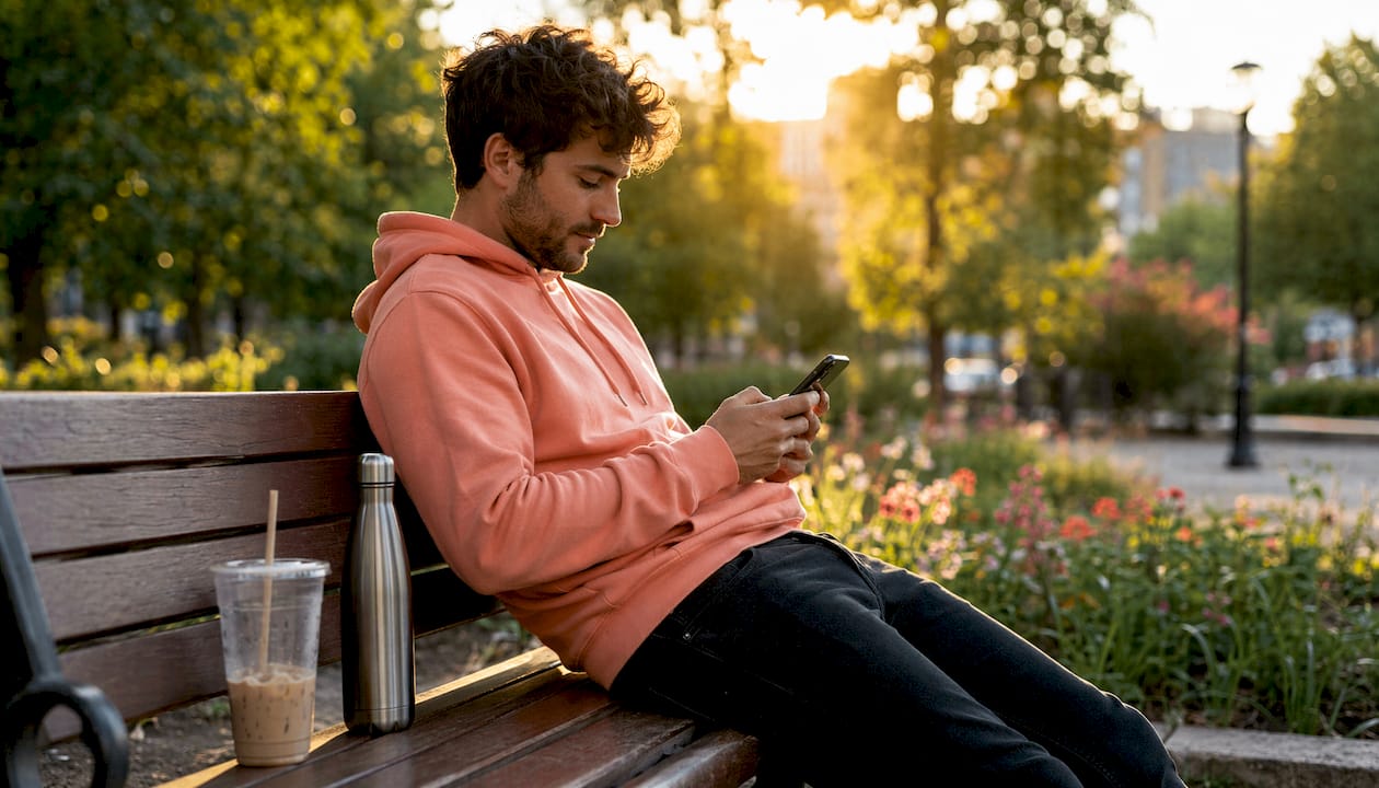Man browsing fashion sale on smartphone in cafe