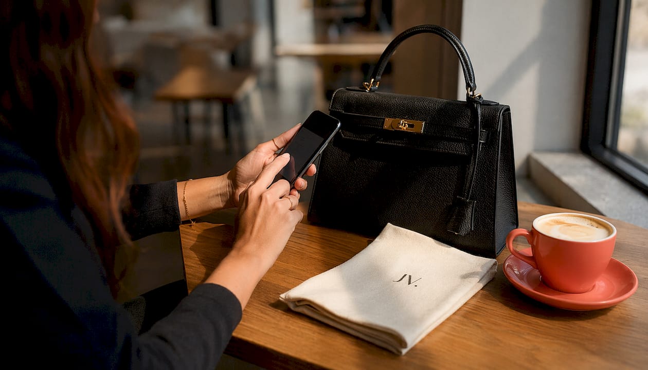 Hands using app to authenticate luxury handbag