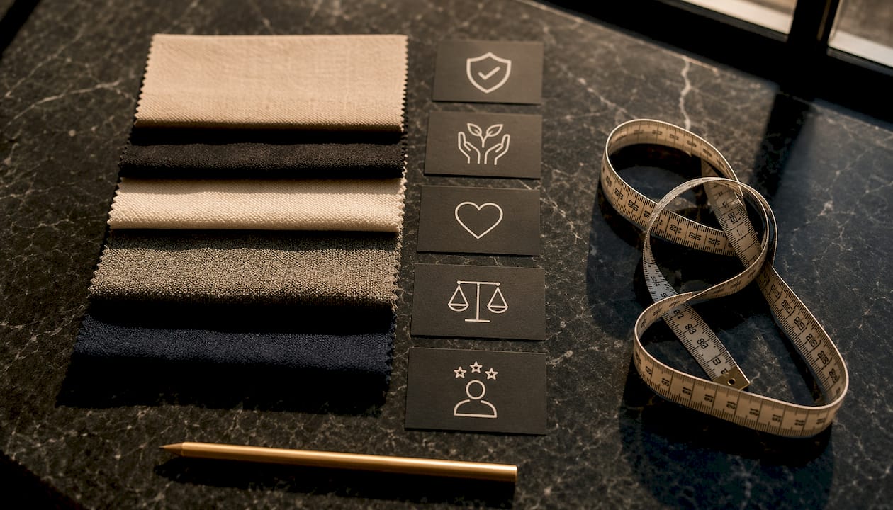 Overhead view of fabric swatches and icons