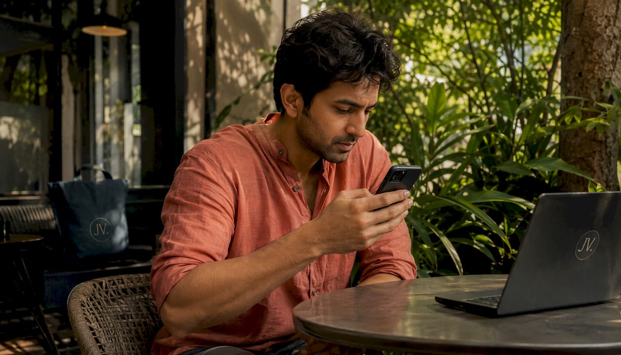 Man viewing fashion flash sale email on smartphone