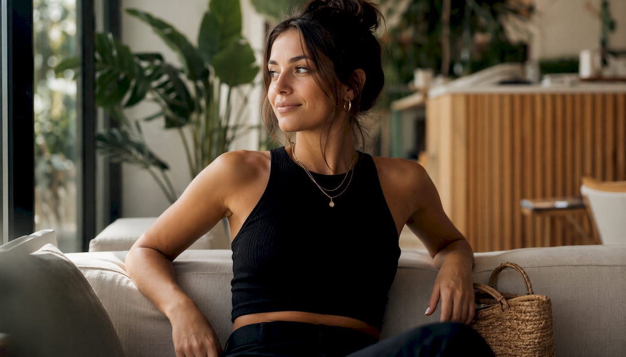 Close-up of minimal gold accessories with crop top