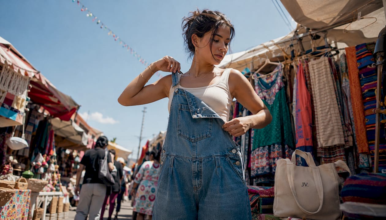 Woman layering crop top under denim overalls indoors