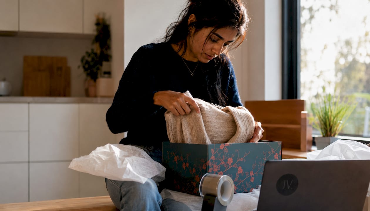 Woman folding garment to pack for return