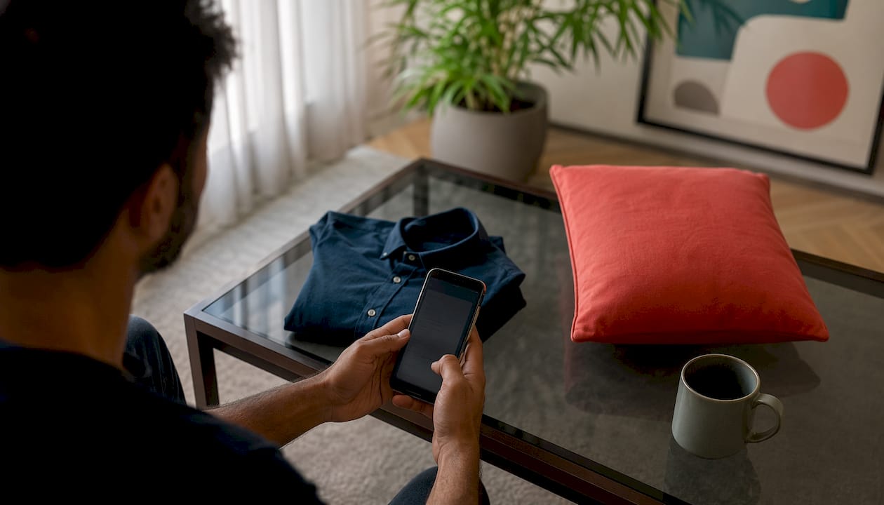 Hands browsing returns policy on smartphone