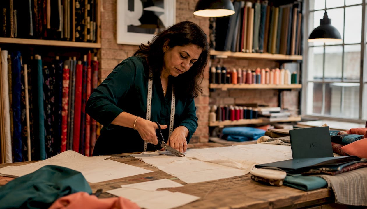 Tailor measuring fabric in London fashion atelier