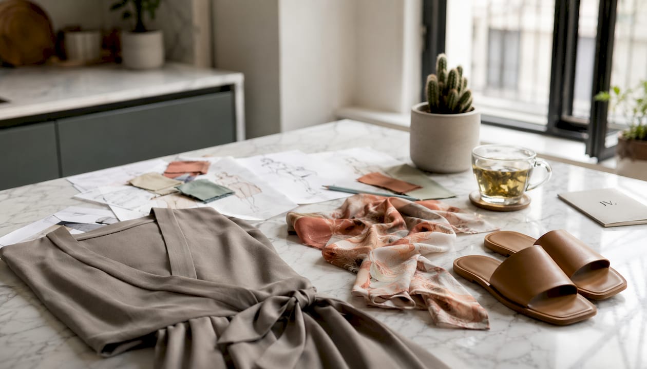 Flat lay of JV London fashion pieces and sketch materials