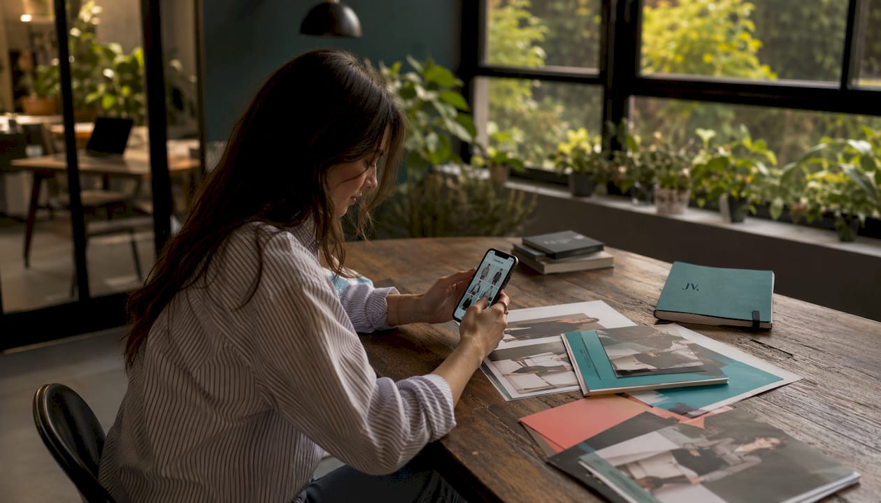 Hands scrolling fashion content on smartphone