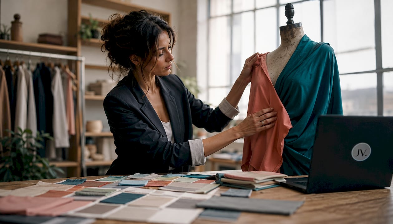 Stylist hands coordinating color fabric samples