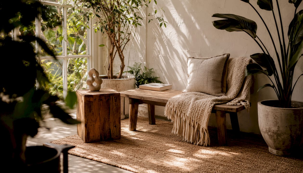 Living room corner with natural materials and light