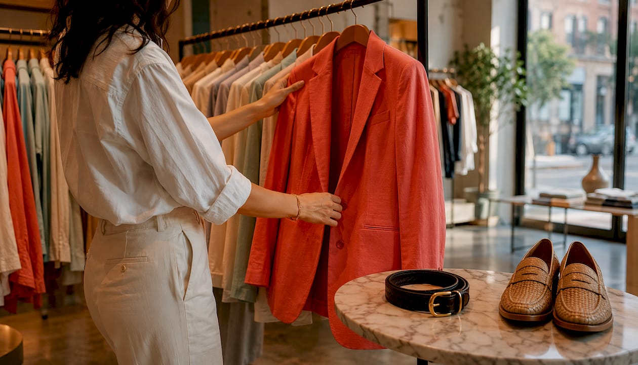 Hands selecting structured blazer in boutique