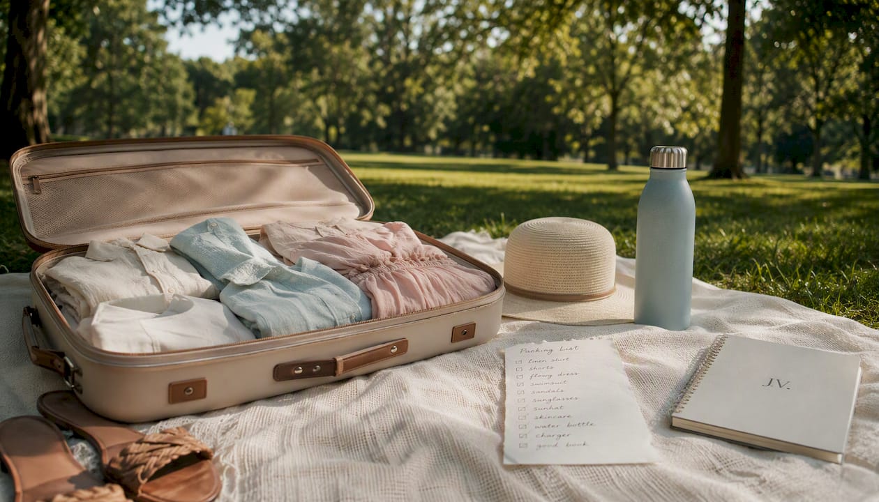 Overhead of travel capsule wardrobe packed suitcase