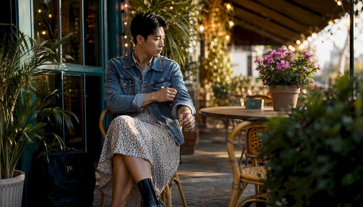 Man styling midi dress with blazer indoors