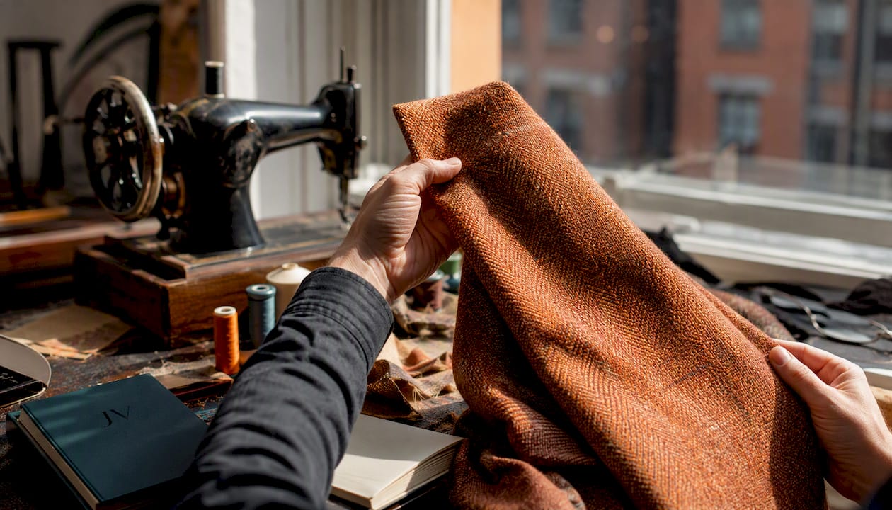 Close-up of tweed fabric and tailoring tools