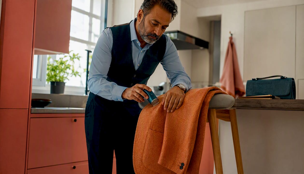 Person removing pills from orange tweed blazer