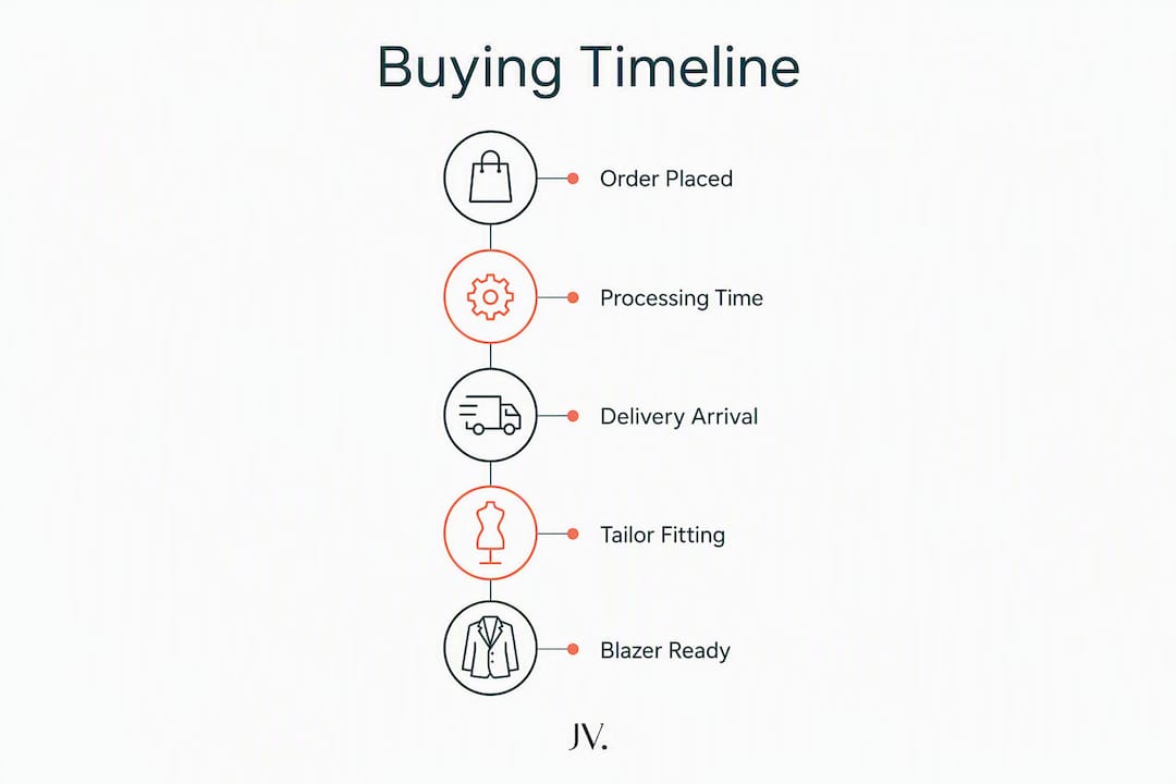 Infographic showing buying timeline for tweed blazer