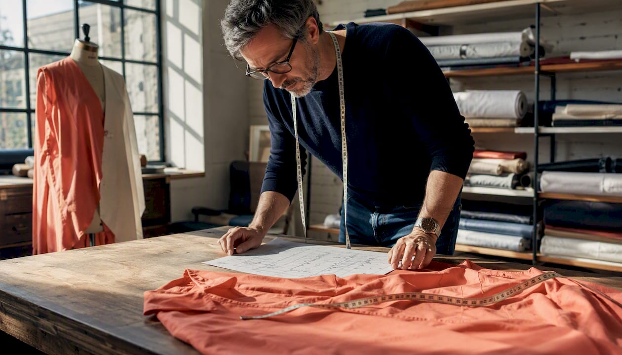 Man comparing shirt measurements at sewing table