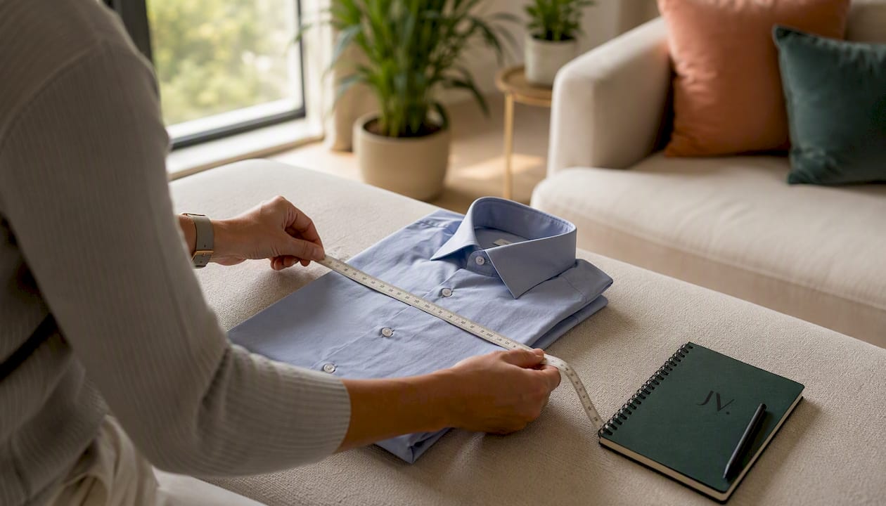 Hands measuring dress shirt on wood table