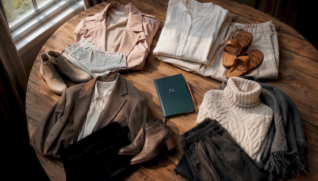 Seasonal UK weekend capsule wardrobe flat lay