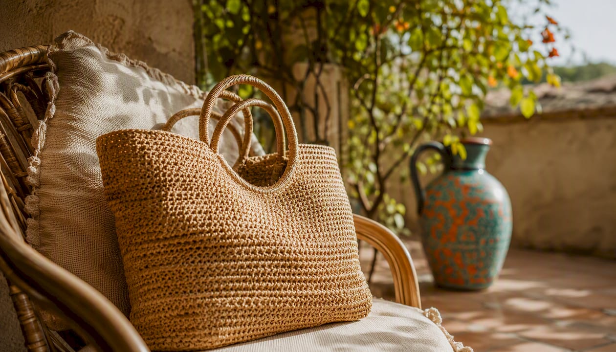 Sunlit raffia tote bag on garden chair