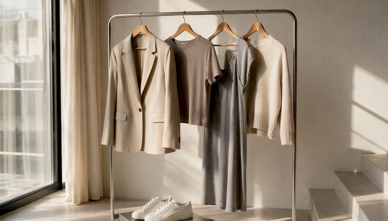 Neutral wardrobe staples on clothing rack