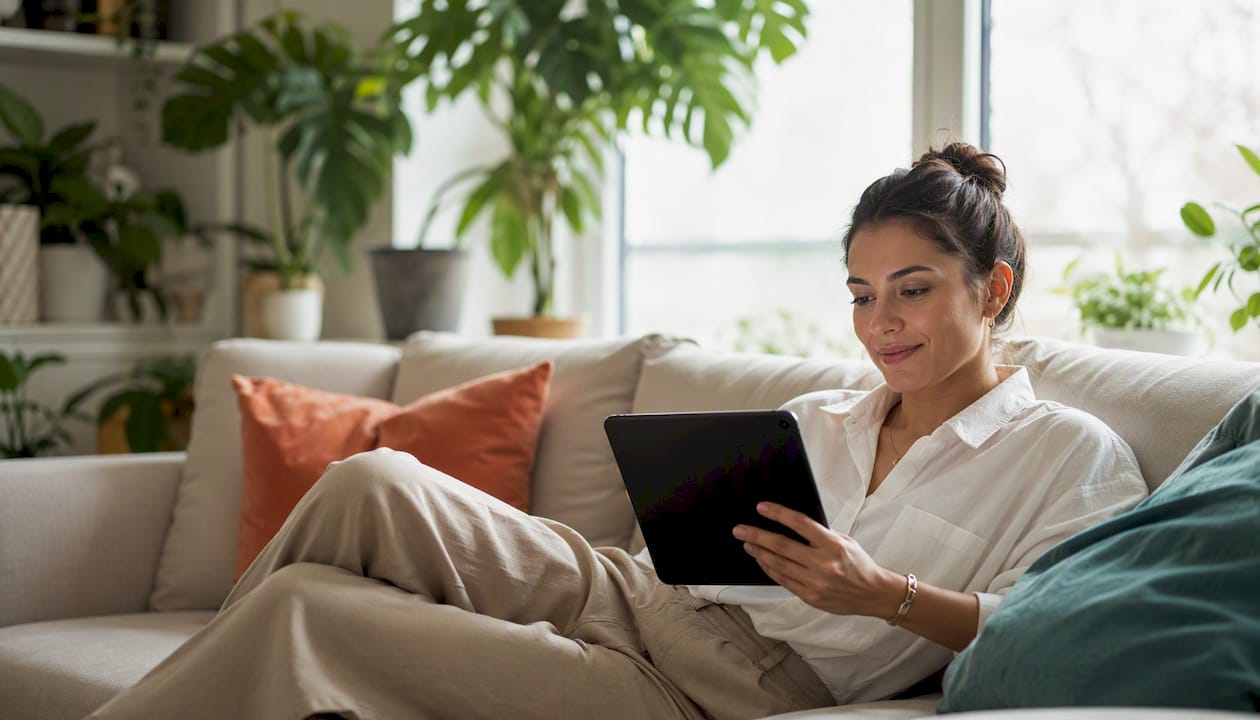 Woman confidently checking fashion sale on tablet