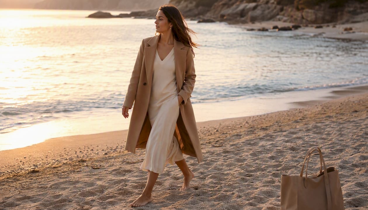 Minimalist outfit walking outdoors at golden hour