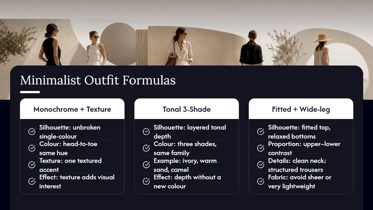 Diagram comparing three minimalist outfit formulas