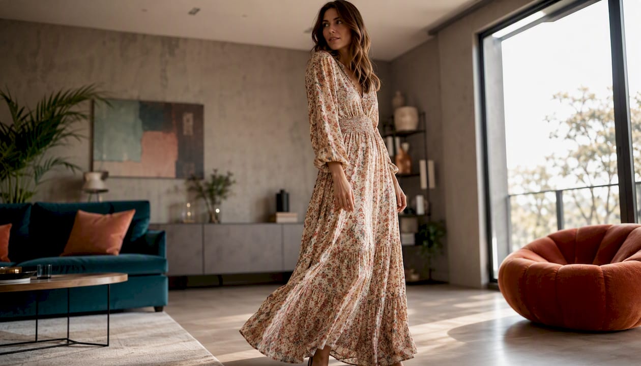 Model wearing midi dress eye-level profile