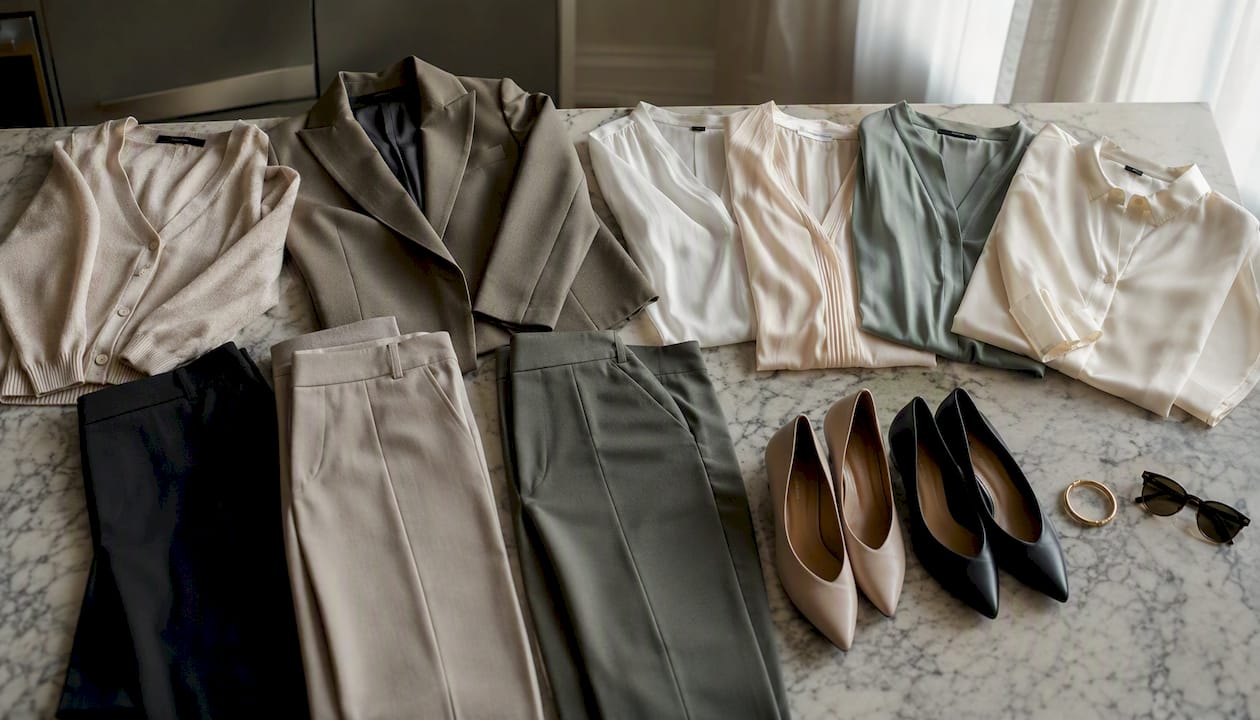 Flat lay of 3-4-3-2 capsule wardrobe pieces