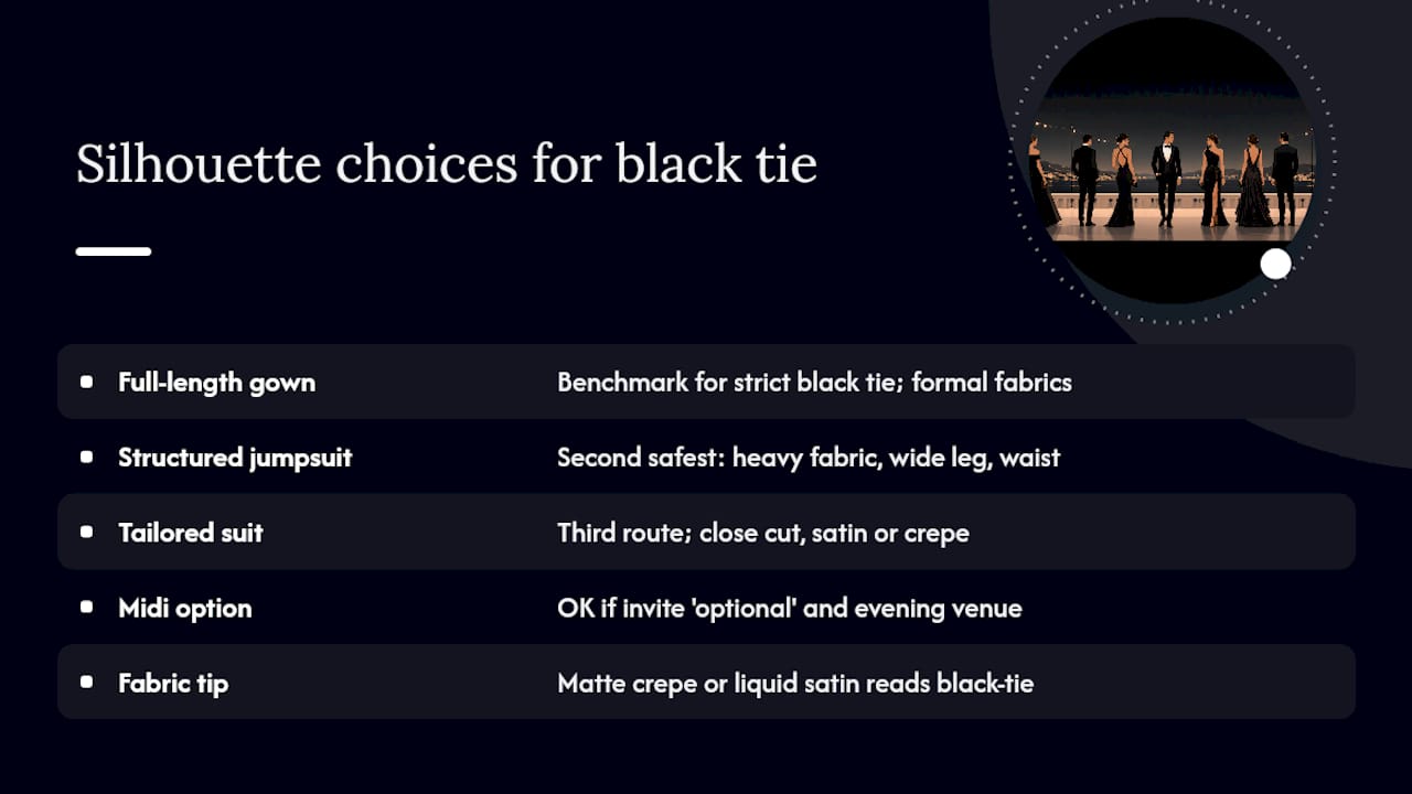 Which silhouette should you choose as a black tie wedding guest? — overview diagram