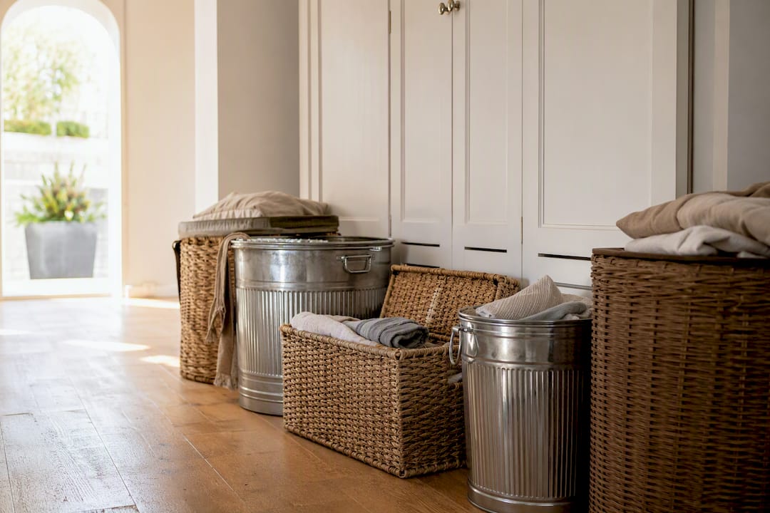 Stacked breathable canvas and plastic storage boxes