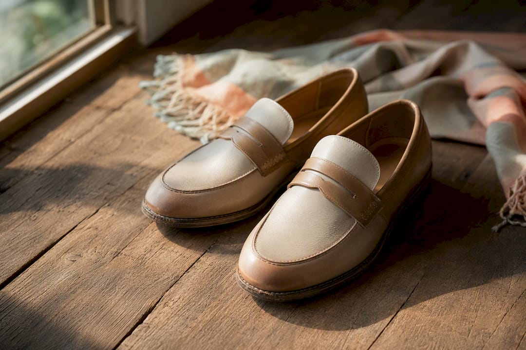 Neutral leather loafers on wooden floor