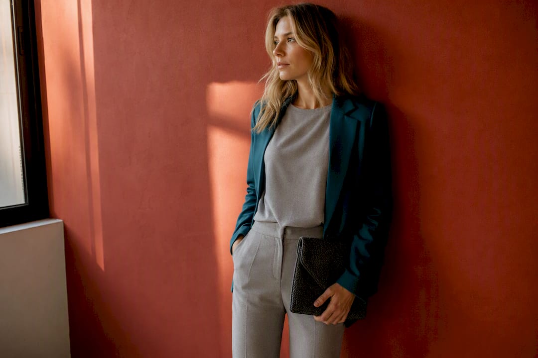 Woman in monochrome outfit with contrasting outer layer