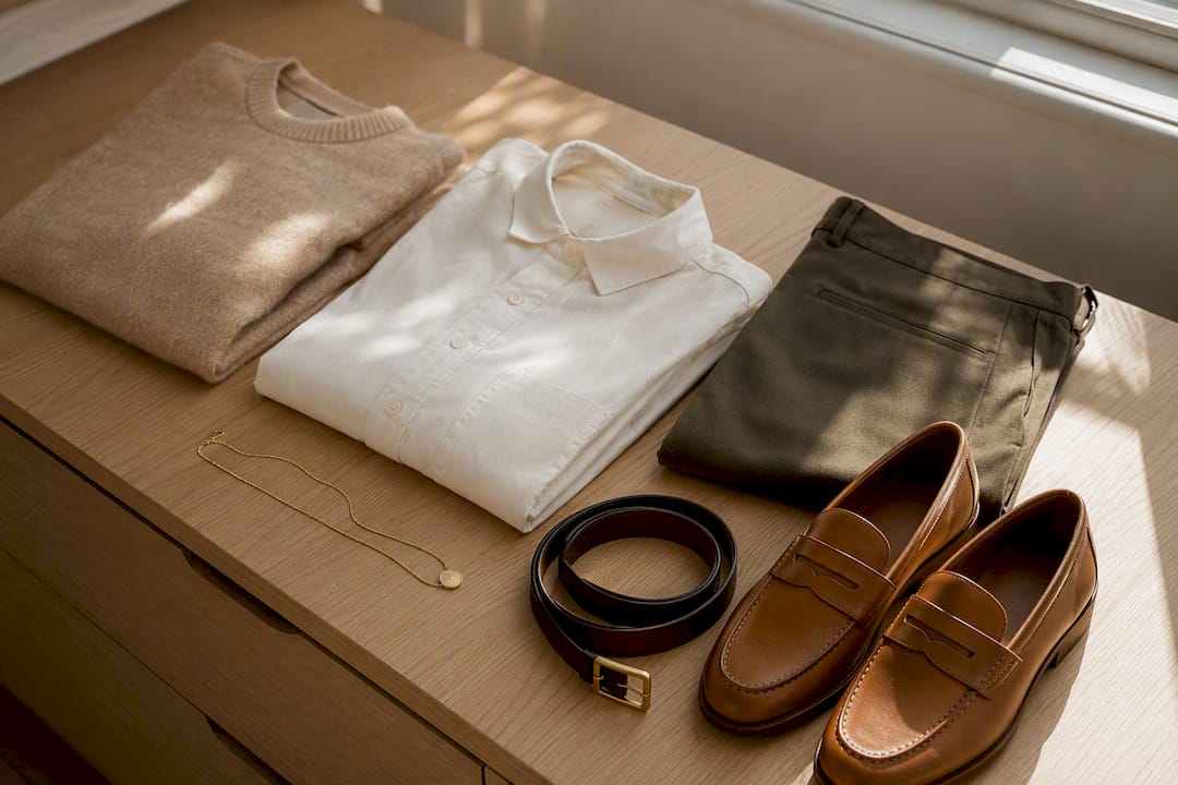 Wardrobe staples neatly folded on dresser