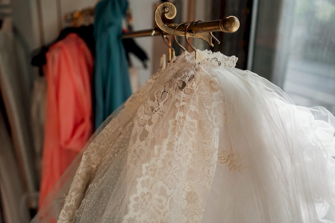 Close-up of chiffon and satin dress fabric details