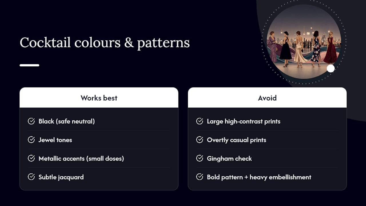 Diagram comparing cocktail attire colours and patterns