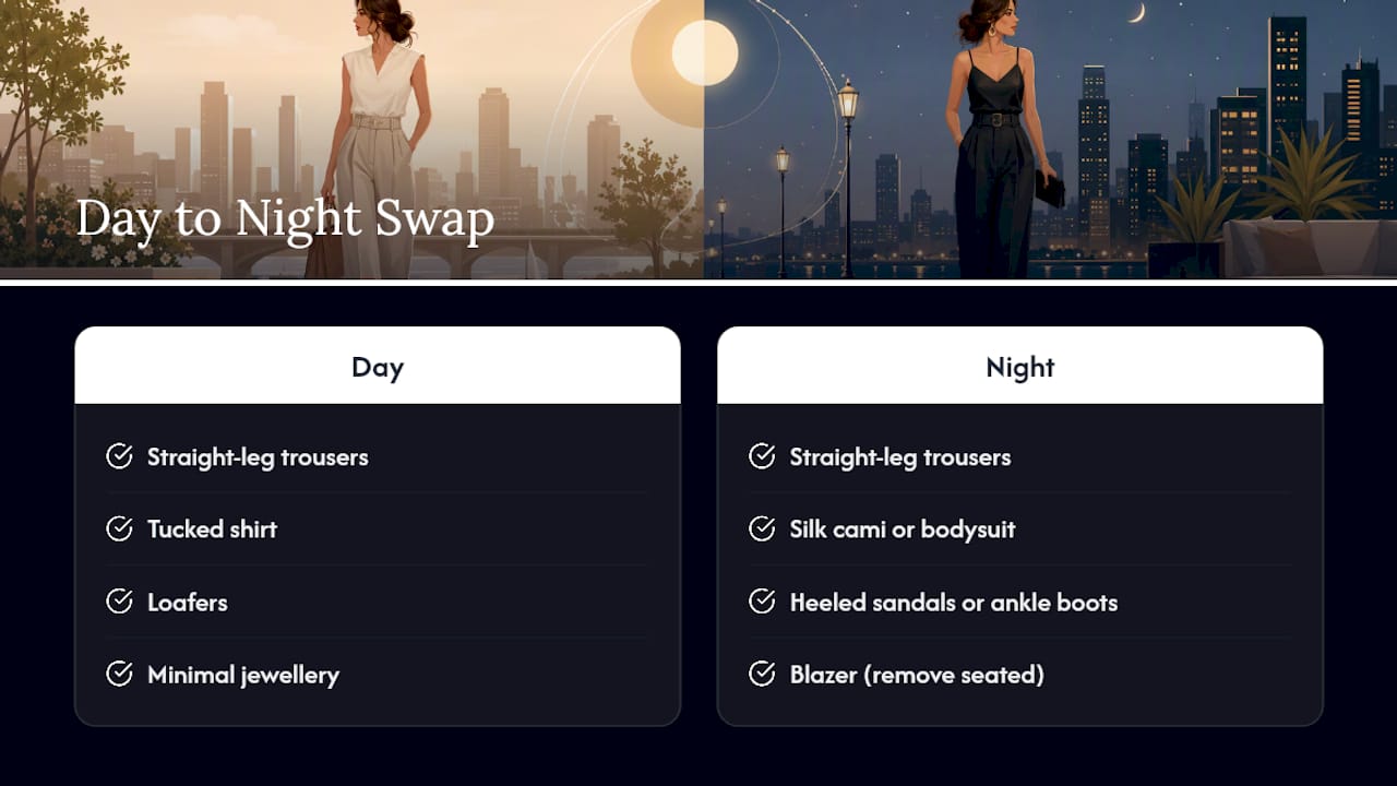 Day-to-night trouser outfit changes
